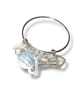 Graduation charm expandable bracelet silvertone
